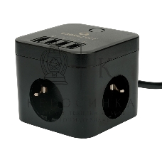 Сетевой фильтр Cablexpert Cube CUBE-3-U4-B-1.5, 3 р, 10А, 4хUSB, 1.5 м, ур.защиты 4+, черный, коробка