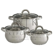 Набор посуды WEBBER BE-616/6 из нерж.стали 6 пр. 2,1 л, 2,9 л, 3,9 л со стеклянными крышками В наборе 6 предметов: кастрюля со стеклянной крышкой 16х10,5 см; 2,1 л кастрюля со стеклянной крышкой 18х11,5 см; 2,9 л кастрюля со стеклянной крышкой 20х12,5см; 