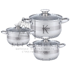 Набор посуды Zeidan Z-50632 6 предм.: кастрюля с/кр 2,0 л (16 см), кастрюля с/кр 3,0 л (18 см), кастрюля с/кр 4,0 л (20 см), нержавеющая сталь, комбинированная полировка снаружи, зеркальная полировка внутри, шкала литража, крышки - стекло, 5-ти СТЕПОВОЕ К