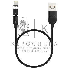 Кабель Maxvi MCm-02L black, USB-A - Lightning, 2A, магнитный разъем, LED ток макс. нагрузки 2А, макс. напряжение 5V; стандарт USB 2.0; длина 1.5м, нейлоновая оплетка, съемный магнитный коннектор, LED подсветка, черный