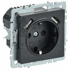Розетка 1-местная IEK BRITE РЮш10-1-БрЧ (BR-R14-16-U21-D21-K02) 16А, с USB A+A 2.1А, с заземлением с защитными шторками, черный