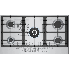 Газовая варочная панель Bosch PCR9A5I90M,90 см,нержавеющая сталь, 5 конфорок, 1 WOK-конфорка c 2 контурами пламени, 1 конфорка повышенной мощности,чугунные решетки,газ-контроль, автоматический электроподжиг