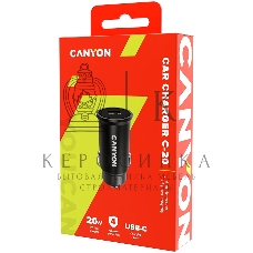 Автомобильный адаптер Canyon, PD 20W Pocket size car charger, input: DC12V-24V, output: PD20W, support iPhone12 PD fast charging, Compliant with CE RoHs, Size: 50.6x23.4x23.4, 18g, черный