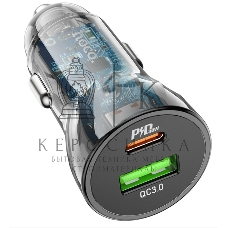 Автомобильная зарядка HOCO Z47A прозрачный 1xUSB-1xUSB-C, 3А PD30W QC3.0, черный