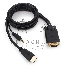 Кабель HDMI->VGA Cablexpert A-HDMI-VGA-03-6, 19M/15M + 3.5Jack, медь, позол.разъемы, 1.8м, черный, пакет