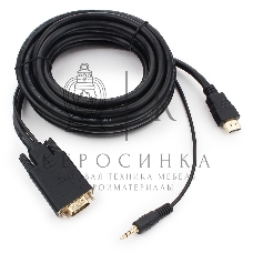 Кабель HDMI->VGA Cablexpert A-HDMI-VGA-03-5M, 19M/15M + 3.5Jack, медь, позол.разъемы, 5м, черный, пакет
