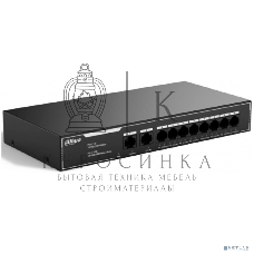 Коммутатор гигабитный 10-портовый неуправляемый c PoE Dahua DH-SG1010LP, 8xRJ45 1Gb PoE, 2xRJ45 1Gb uplink, суммарно 65Вт, коммутация 20 Гбит/с, MAC-таблица 2K, металл