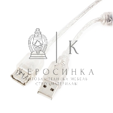 Кабель-удлинитель USB2.0 Pro Cablexpert CCF-USB2-AMAF-TR-0.75M, AM/AF, 0,75м, экран, 2феррит.кольца, прозрачный, пакет