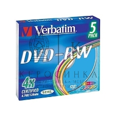 Диск DVD-RW Verbatim 4.7Gb 4x Slim case (5шт) Color (43563)