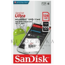 Флеш карта microSDXC 128GB SanDisk Ultra Class 10, UHS-I, R 100 МБ/с, SDSQUNR-128G-GN3MN адаптер на SD