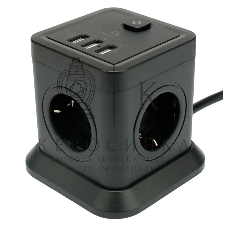 Сетевой фильтр Cablexpert Tower, TWR-4-U3-B-3, 4р, 10А, 3xUSB, 3.1А, 3 м, ур. защиты 2+, черный, коробка